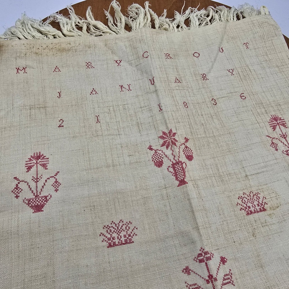 Antique 1836 Mary Crout Hand-Stitched Show‎ Towel Linen Red Embroidery Macrame